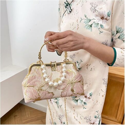 Pearl Evening Bag for Women Lily Pattern Vintage Embroidered Floral Clutch Purse Evening Handbag Shoulder Crossbody Bags in Saudi Arabia