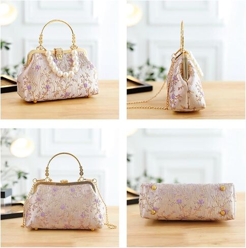 Pearl Evening Bag for Women Lily Pattern Vintage Embroidered Floral Clutch Purse Evening Handbag Shoulder Crossbody Bags in Saudi Arabia