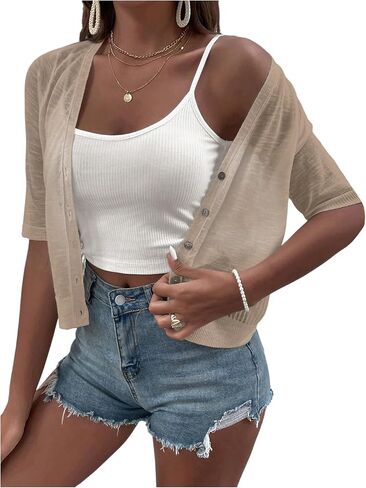Milumia Women's Button Down Knitted Cardigan Half Sleeve V Neck Crop Lightweight Sweaters in Saudi Arabia