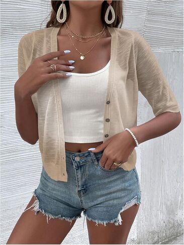 Milumia Women's Button Down Knitted Cardigan Half Sleeve V Neck Crop Lightweight Sweaters in Saudi Arabia
