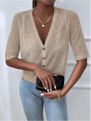 Milumia Women's Button Down Knitted Cardigan Half Sleeve V Neck Crop Lightweight Sweaters in Saudi Arabia
