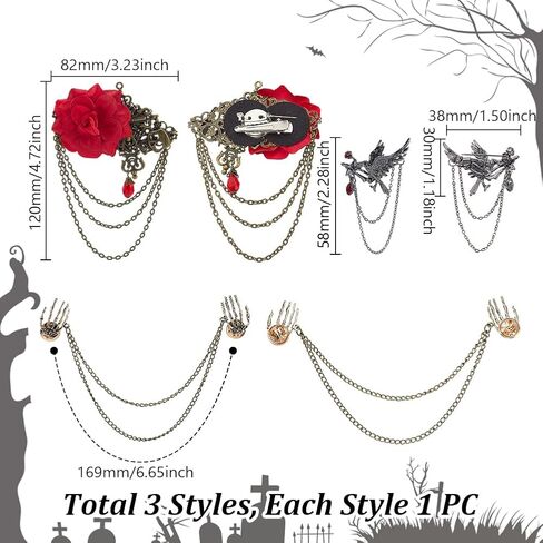 AHANDMAKER 3Pcs 3 Styles Vintage Skull Rose Tassel Chain Pin Brooch Punk Gothic Ghost Claw Lapel Pins Crow Palm Hip Hop Gothic brooches for Women Men Suit Coat Breastpin Costume Accessories in Saudi Arabia