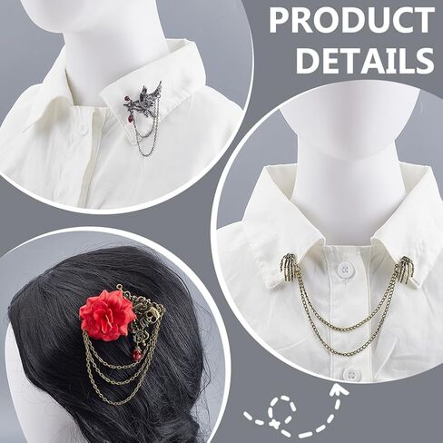 AHANDMAKER 3Pcs 3 Styles Vintage Skull Rose Tassel Chain Pin Brooch Punk Gothic Ghost Claw Lapel Pins Crow Palm Hip Hop Gothic brooches for Women Men Suit Coat Breastpin Costume Accessories in Saudi Arabia