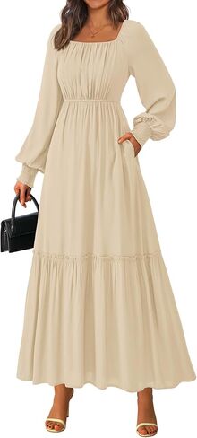 KIRUNDO Casual Fall Dresses for Women 2025 Flowy Long Sleeve Maxi Dress Smocked Empire Waist Square Neck Wedding Party in Saudi Arabia