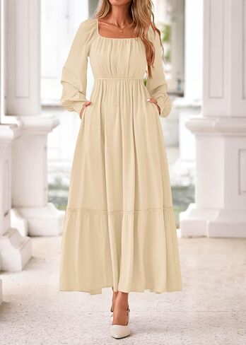 KIRUNDO Casual Fall Dresses for Women 2025 Flowy Long Sleeve Maxi Dress Smocked Empire Waist Square Neck Wedding Party in Saudi Arabia