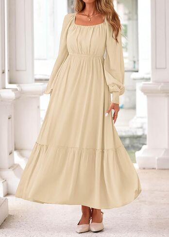 KIRUNDO Casual Fall Dresses for Women 2025 Flowy Long Sleeve Maxi Dress Smocked Empire Waist Square Neck Wedding Party in Saudi Arabia