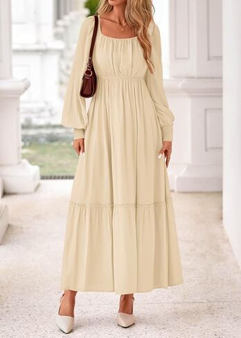 KIRUNDO Casual Fall Dresses for Women 2025 Flowy Long Sleeve Maxi Dress Smocked Empire Waist Square Neck Wedding Party in Saudi Arabia