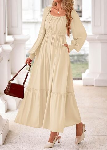 KIRUNDO Casual Fall Dresses for Women 2025 Flowy Long Sleeve Maxi Dress Smocked Empire Waist Square Neck Wedding Party in Saudi Arabia