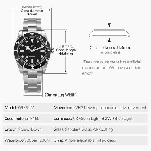watchdives WD7922 BB54 Mens Watch, VH31 Sweep Second Quartz Watches 37mm Sapphire Crystal Luxury Wrist Watch 20Bar Diver Watches for Men in Saudi Arabia