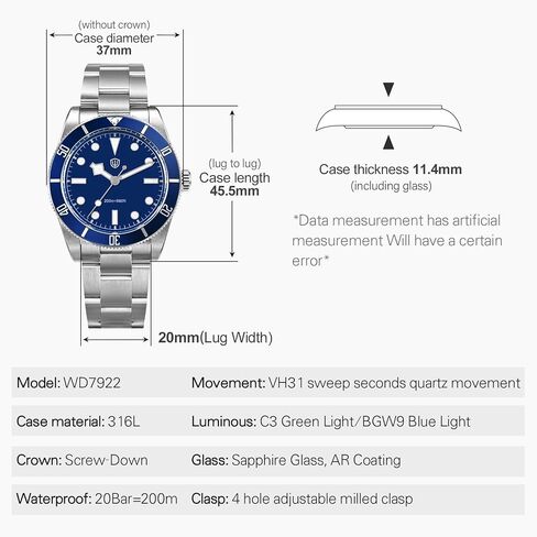 watchdives WD7922 BB54 Mens Watch, VH31 Sweep Second Quartz Watches 37mm Sapphire Crystal Luxury Wrist Watch 20Bar Diver Watches for Men in Saudi Arabia