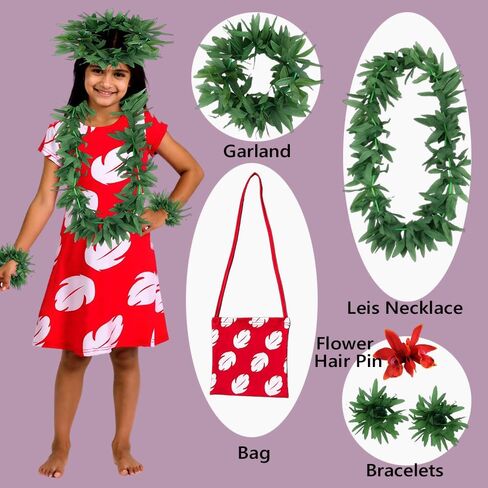 Little Girls Halloween Party Costume Play Hawaiian Dress with Accesories Leis Garland Necklace Bracelets Hair Clip Bag in Saudi Arabia