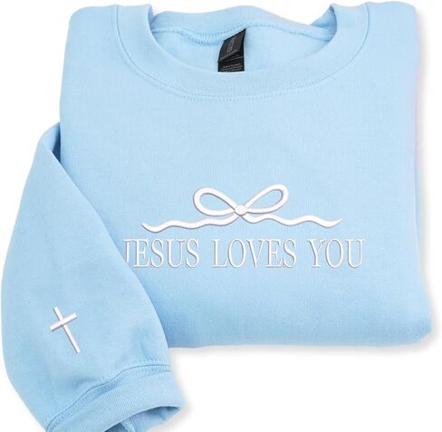 Custom Embroidered Jesus Loves You Sweatshirt with Pink Bow – Cute Christian Crewneck, Shirt or Hoodie for Girls and Women – Faith Gift for Daughter, Teen, or Church Friend in Kuwait