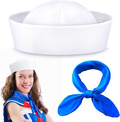 Eurzom Halloween Sailor Costume White Hats and Blue Scarf, Navy Captain Hats Yacht Hat for Teens and Adults Barnacle Boy Hat in Saudi Arabia