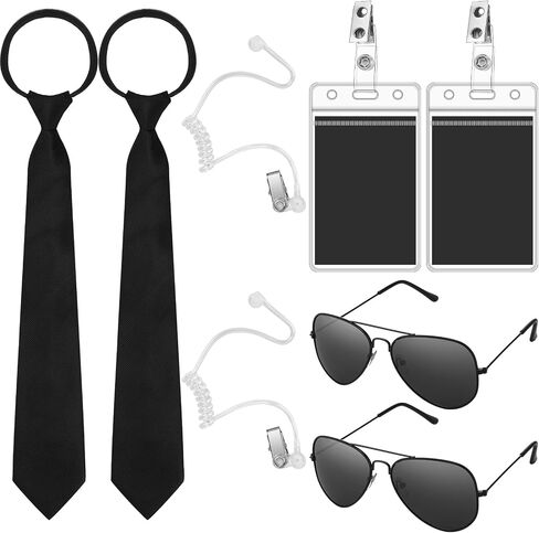 Mepase Set of 8 Agent Costume Set Secret Security Guard Costume Adjustable Pre-Tied Zipper Tie ID Badge Prop Black Sunglasses Earpiece for Men Halloween Party Cosplay Game in Saudi Arabia