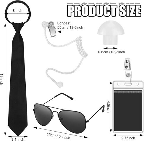 Mepase Set of 8 Agent Costume Set Secret Security Guard Costume Adjustable Pre-Tied Zipper Tie ID Badge Prop Black Sunglasses Earpiece for Men Halloween Party Cosplay Game in Saudi Arabia