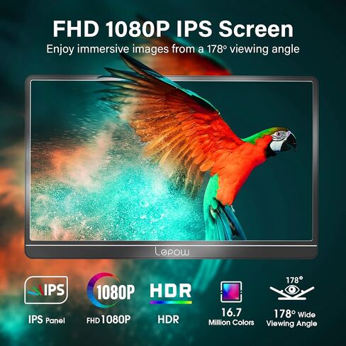 Lepow Portable Monitor, 15.6" Portable Screen with 1080P FHD, IPS, HDR, Full-Function Type-C, Plug & Play, Smart Cover, Lightweight External Monitor for Laptop w/Full-featured USB-c Port, PC, Macbook in Saudi Arabia