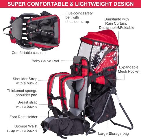 Baby Backpack Carrier, Safe Toddler Hiking Backpack Carrier Camping Child Carriers with Rain Cover Child Kid Sun Shade Large Storage Insulated Pocket, Adjustable Padded Child Seat in Saudi Arabia