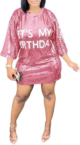 فستان It's My Birthday مزين بالترتر للنساء، فستان قصير لامع مطبوع عليه حروف سباركلي in Saudi Arabia