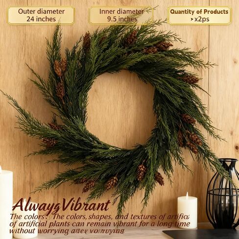 2pcs 24inch Artificial Dragon Cypress & Norfolk Pine Wreaths - Christmas Wreath, Norfolk Pine Wreaths, Cedar Wreath, Winter Wreath, Real Touch, Front Door, Indoor & Outdoor Christmas Decor in Saudi Arabia