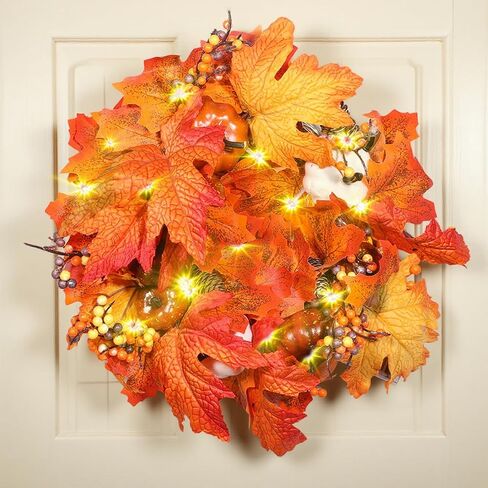 Fall Harvest Wreath with LED Lights, 11.81 inch, Maple Leaves with Pumpkins Pine Cones and Berries, Fall Wreaths Autumn Wreath for Front Door Home Porch Wall Indoor Outdoor Thanksgiving Decor in Saudi Arabia