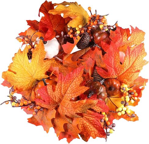 Fall Harvest Wreath with LED Lights, 11.81 inch, Maple Leaves with Pumpkins Pine Cones and Berries, Fall Wreaths Autumn Wreath for Front Door Home Porch Wall Indoor Outdoor Thanksgiving Decor in Saudi Arabia