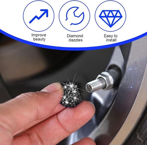 Bling Car Tire Valve Stem Caps, 4PCS Crystal Rhinestones Dustproof Vehicle Wheel Tyre Valve Caps for Women Girl, Auto Exterior Accessories, Universal for SUV Motorcycle Truck (Black) in Saudi Arabia