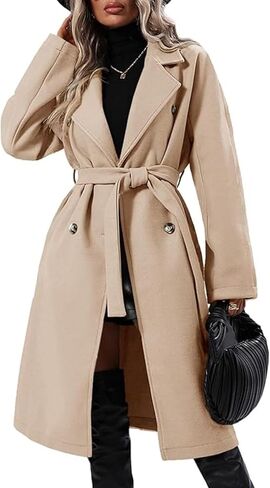 OPCAKM Women's Winter Wool Blend Pea Coat Double Breasted Notch Lapel Long Trench Coat in Kuwait