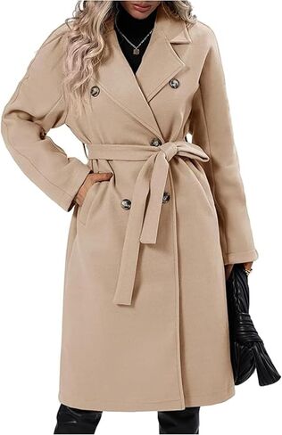 OPCAKM Women's Winter Wool Blend Pea Coat Double Breasted Notch Lapel Long Trench Coat in Kuwait