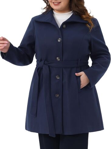 Agnes Orinda Plus Size Pea Coat for Women Lapel Long Sleeves Single Breasted Overcoat Pockets Winter Outerwear with Belt in Saudi Arabia