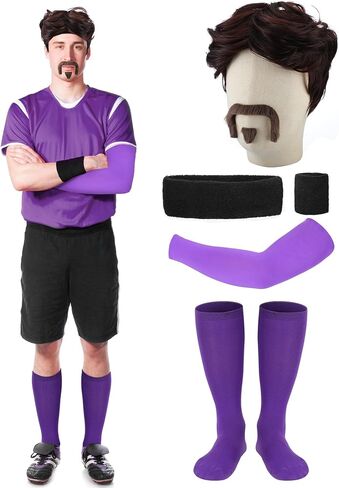 6 Pcs Halloween Purple Gym Team Costume Accessories Men Gym Leader Costume Accessories Set Wig Mustache Headband Wristbands with Socks for Adults Sports Cosplay Party in Saudi Arabia