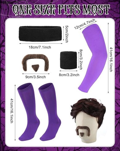 6 Pcs Halloween Purple Gym Team Costume Accessories Men Gym Leader Costume Accessories Set Wig Mustache Headband Wristbands with Socks for Adults Sports Cosplay Party in Saudi Arabia