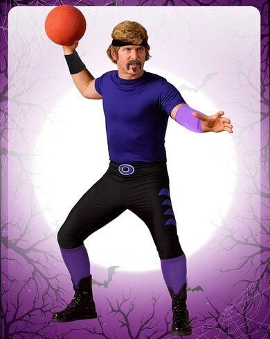 6 Pcs Halloween Purple Gym Team Costume Accessories Men Gym Leader Costume Accessories Set Wig Mustache Headband Wristbands with Socks for Adults Sports Cosplay Party in Saudi Arabia