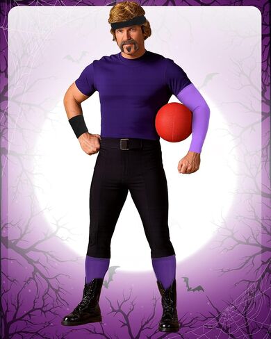 6 Pcs Halloween Purple Gym Team Costume Accessories Men Gym Leader Costume Accessories Set Wig Mustache Headband Wristbands with Socks for Adults Sports Cosplay Party in Saudi Arabia