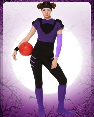 6 Pcs Halloween Purple Gym Team Costume Accessories Men Gym Leader Costume Accessories Set Wig Mustache Headband Wristbands with Socks for Adults Sports Cosplay Party in Saudi Arabia
