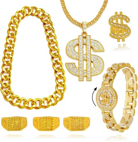 90s Hip Hop 80s Costume Accessories for Men Gold Cosplay Rapper Jewelry Kit in Kuwait