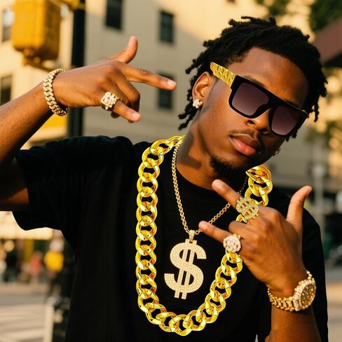 90s Hip Hop 80s Costume Accessories for Men Gold Cosplay Rapper Jewelry Kit in Kuwait