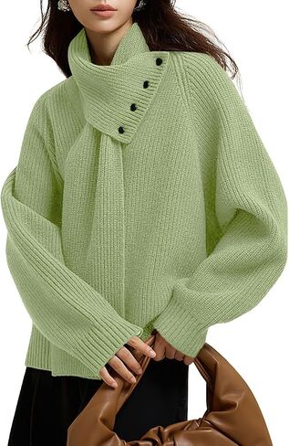 chouyatou Women's Casual V Neck Pullover Sweaters Ribbed Knit Slouchy Jumper Tops with Removable Scarf in Saudi Arabia