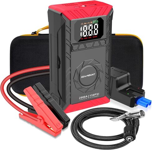 SEAMOUNT 2000A Jump Starter مع ضاغط هواء، معزز بطارية السيارة المحمولة 12 فولت وشاحن لغاز 6.0 لتر وديزل 3.0 لتر، منفاخ إطارات ذاتي الإغلاق 150 رطل لكل بوصة مربعة، بنك طاقة USB، ضوء LED، مقياس الإطارات in Kuwait