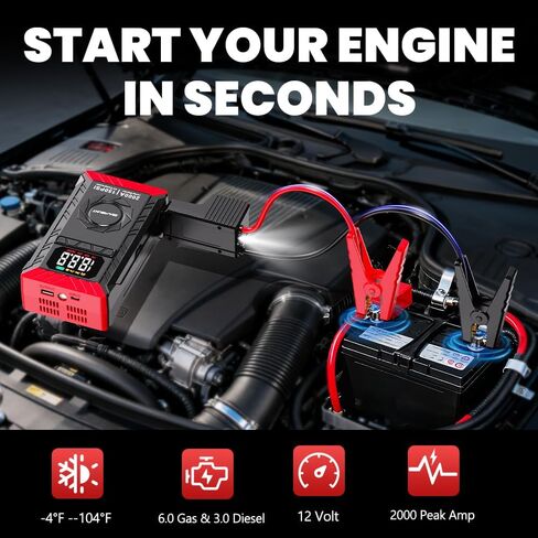 SEAMOUNT 2000A Jump Starter مع ضاغط هواء، معزز بطارية السيارة المحمولة 12 فولت وشاحن لغاز 6.0 لتر وديزل 3.0 لتر، منفاخ إطارات ذاتي الإغلاق 150 رطل لكل بوصة مربعة، بنك طاقة USB، ضوء LED، مقياس الإطارات in Kuwait