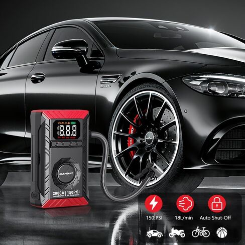 SEAMOUNT 2000A Jump Starter مع ضاغط هواء، معزز بطارية السيارة المحمولة 12 فولت وشاحن لغاز 6.0 لتر وديزل 3.0 لتر، منفاخ إطارات ذاتي الإغلاق 150 رطل لكل بوصة مربعة، بنك طاقة USB، ضوء LED، مقياس الإطارات in Kuwait
