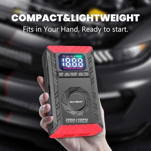 SEAMOUNT 2000A Jump Starter مع ضاغط هواء، معزز بطارية السيارة المحمولة 12 فولت وشاحن لغاز 6.0 لتر وديزل 3.0 لتر، منفاخ إطارات ذاتي الإغلاق 150 رطل لكل بوصة مربعة، بنك طاقة USB، ضوء LED، مقياس الإطارات in Kuwait