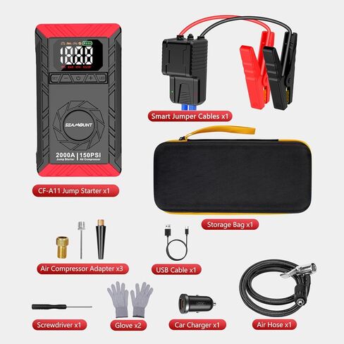 SEAMOUNT 2000A Jump Starter مع ضاغط هواء، معزز بطارية السيارة المحمولة 12 فولت وشاحن لغاز 6.0 لتر وديزل 3.0 لتر، منفاخ إطارات ذاتي الإغلاق 150 رطل لكل بوصة مربعة، بنك طاقة USB، ضوء LED، مقياس الإطارات in Kuwait