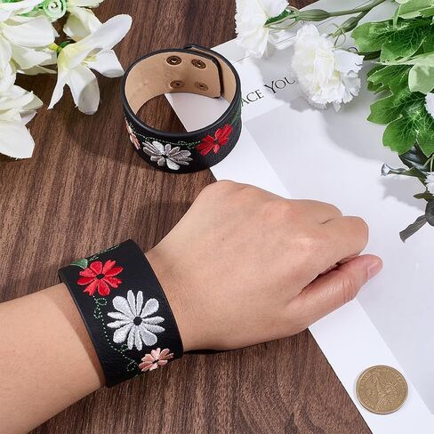 2Pcs Vintage Embroidery Floral Leather Bracelets Snap Punk Cuff Leathers Rope With Iron Button Wide Flower Wristband Jewelry for Men Women Birthday Gifts Clothing Accessories Craft in Saudi Arabia