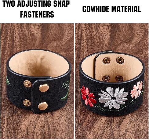 2Pcs Vintage Embroidery Floral Leather Bracelets Snap Punk Cuff Leathers Rope With Iron Button Wide Flower Wristband Jewelry for Men Women Birthday Gifts Clothing Accessories Craft in Saudi Arabia