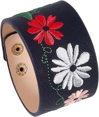 2Pcs Vintage Embroidery Floral Leather Bracelets Snap Punk Cuff Leathers Rope With Iron Button Wide Flower Wristband Jewelry for Men Women Birthday Gifts Clothing Accessories Craft in Saudi Arabia