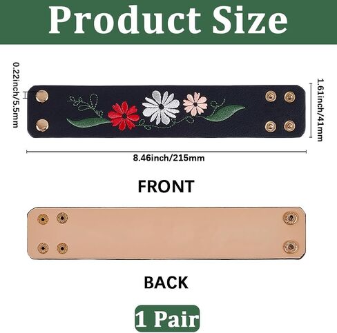 2Pcs Vintage Embroidery Floral Leather Bracelets Snap Punk Cuff Leathers Rope With Iron Button Wide Flower Wristband Jewelry for Men Women Birthday Gifts Clothing Accessories Craft in Saudi Arabia