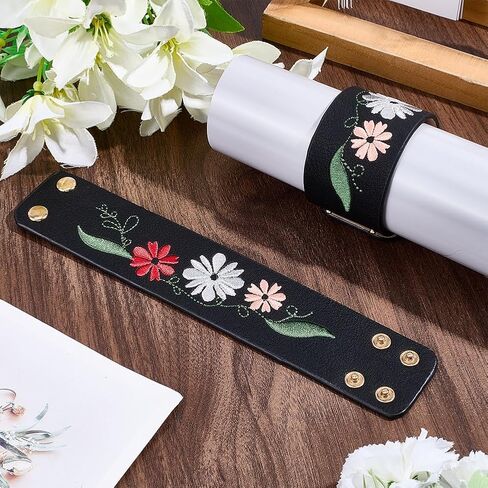 2Pcs Vintage Embroidery Floral Leather Bracelets Snap Punk Cuff Leathers Rope With Iron Button Wide Flower Wristband Jewelry for Men Women Birthday Gifts Clothing Accessories Craft in Saudi Arabia