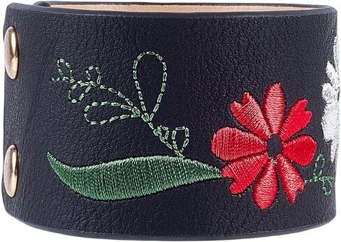 2Pcs Vintage Embroidery Floral Leather Bracelets Snap Punk Cuff Leathers Rope With Iron Button Wide Flower Wristband Jewelry for Men Women Birthday Gifts Clothing Accessories Craft in Saudi Arabia