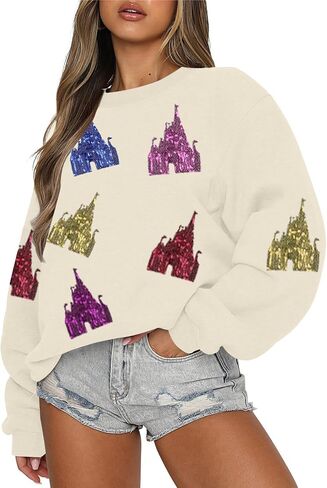 Magic Kingdom Sweatshirt for Women Magical Sweatshirts Colorful Castle Sequins Sweater Vacation Long Sleeve Tops in Saudi Arabia