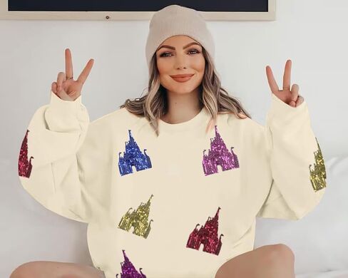 Magic Kingdom Sweatshirt for Women Magical Sweatshirts Colorful Castle Sequins Sweater Vacation Long Sleeve Tops in Saudi Arabia